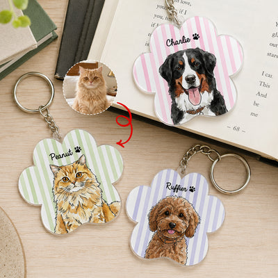 Custom Striped Watercolor Pet Portrait Keyring - Personalized Keychain