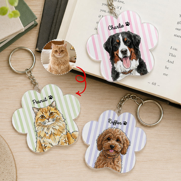 Custom Striped Watercolor Pet Portrait Keyring - Personalized Keychain 1