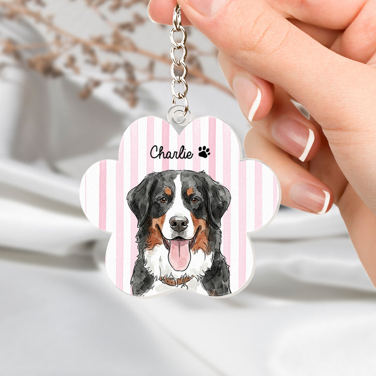 Custom Striped Watercolor Pet Portrait Keyring - Personalized Keychain 2