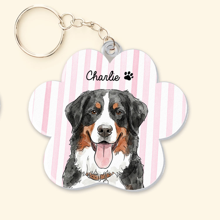 Custom Striped Watercolor Pet Portrait Keyring - Personalized Keychain 4