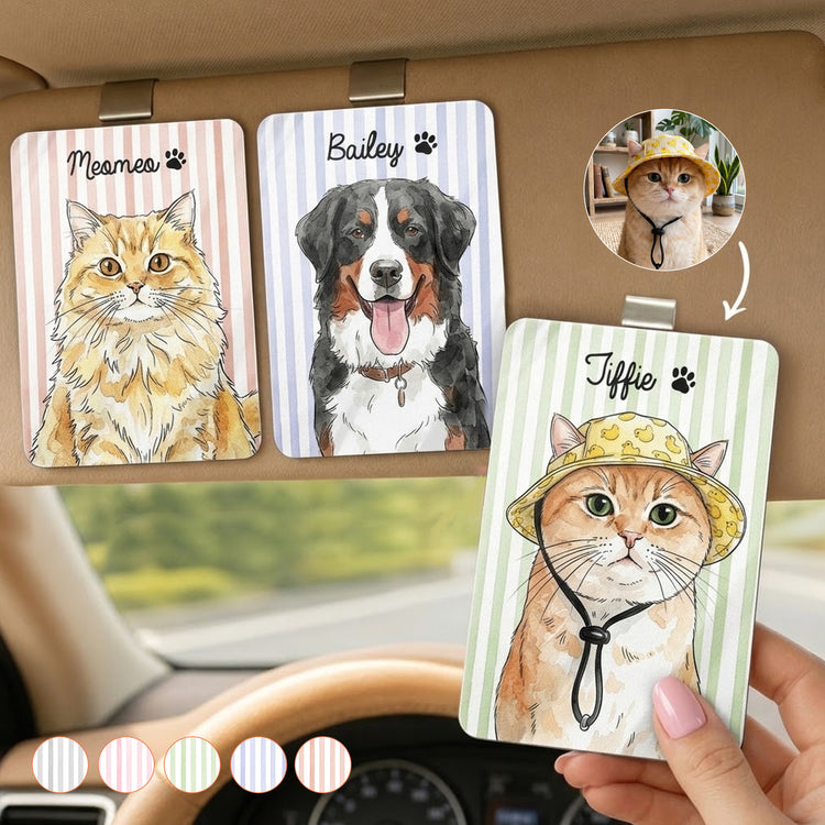 Custom Striped Watercolor Pet Portrait - Personalized Car Visor Clip 1