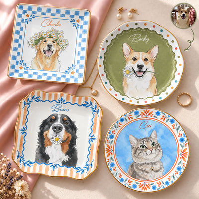 Custom Watercolor Art Pet Photo Gifts For Dog Mom, Cat Mom - Personalized Jewelry Dish