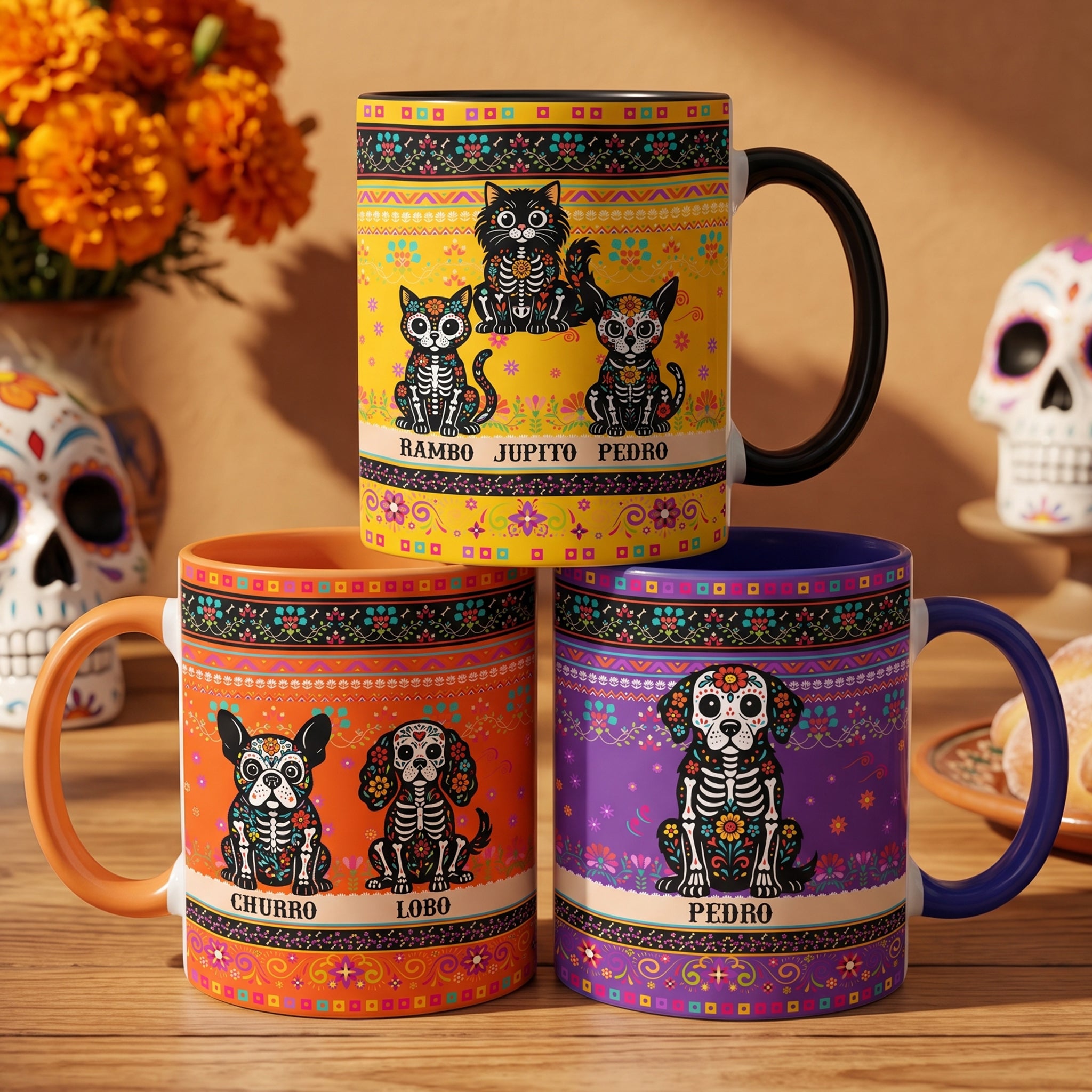 Day Of The Dead Dog Cat Pet Hispanic Mexican Flowers - Personalized Mug 1