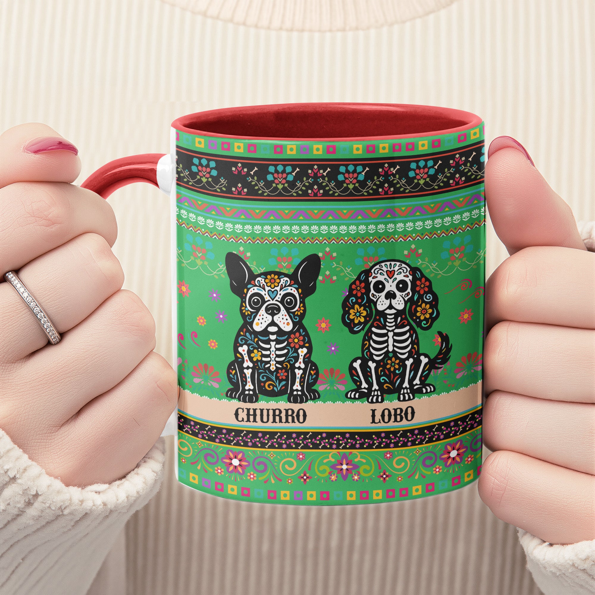 Day Of The Dead Dog Cat Pet Hispanic Mexican Flowers - Personalized Mug 3