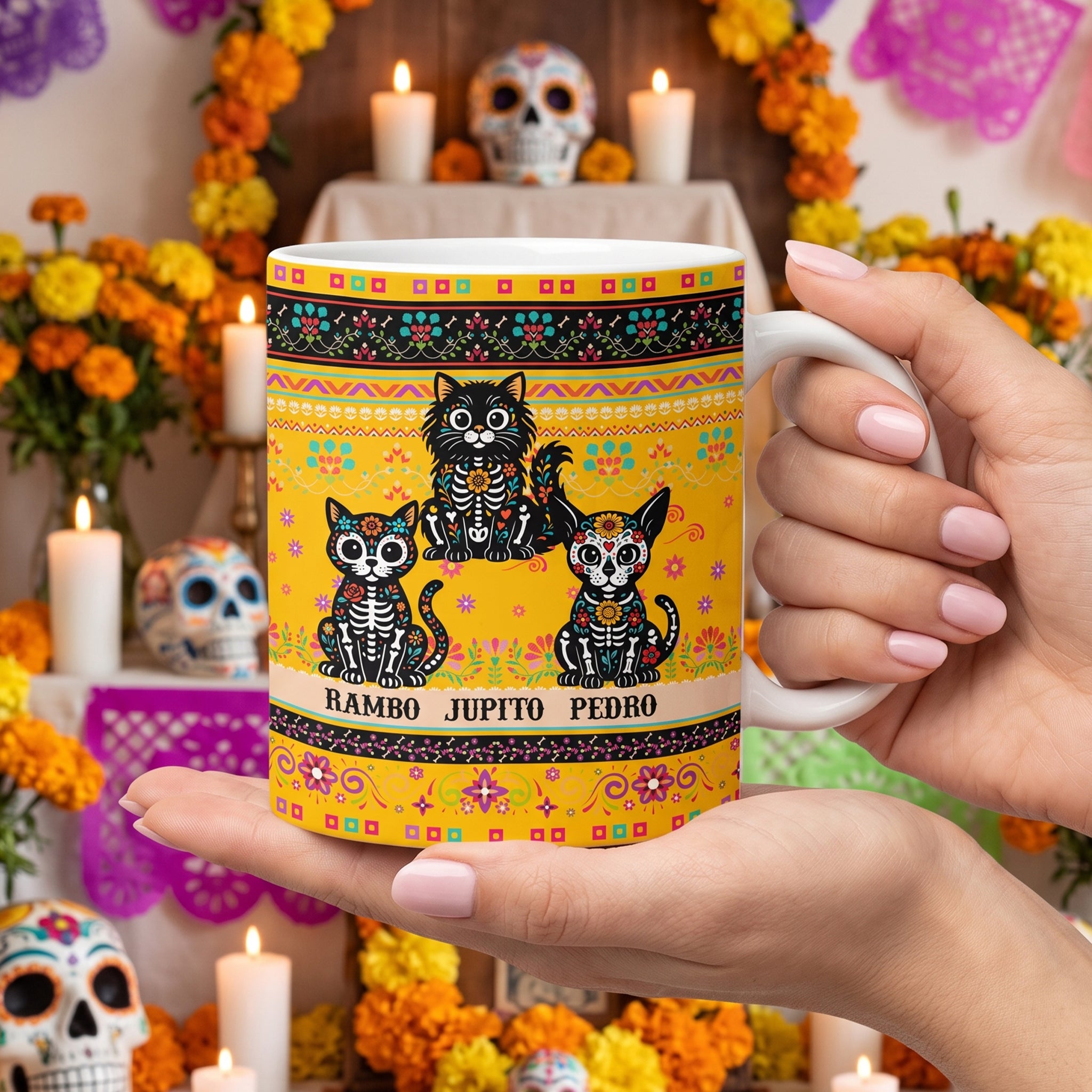 Day Of The Dead Dog Cat Pet Hispanic Mexican Flowers - Personalized Mug 2