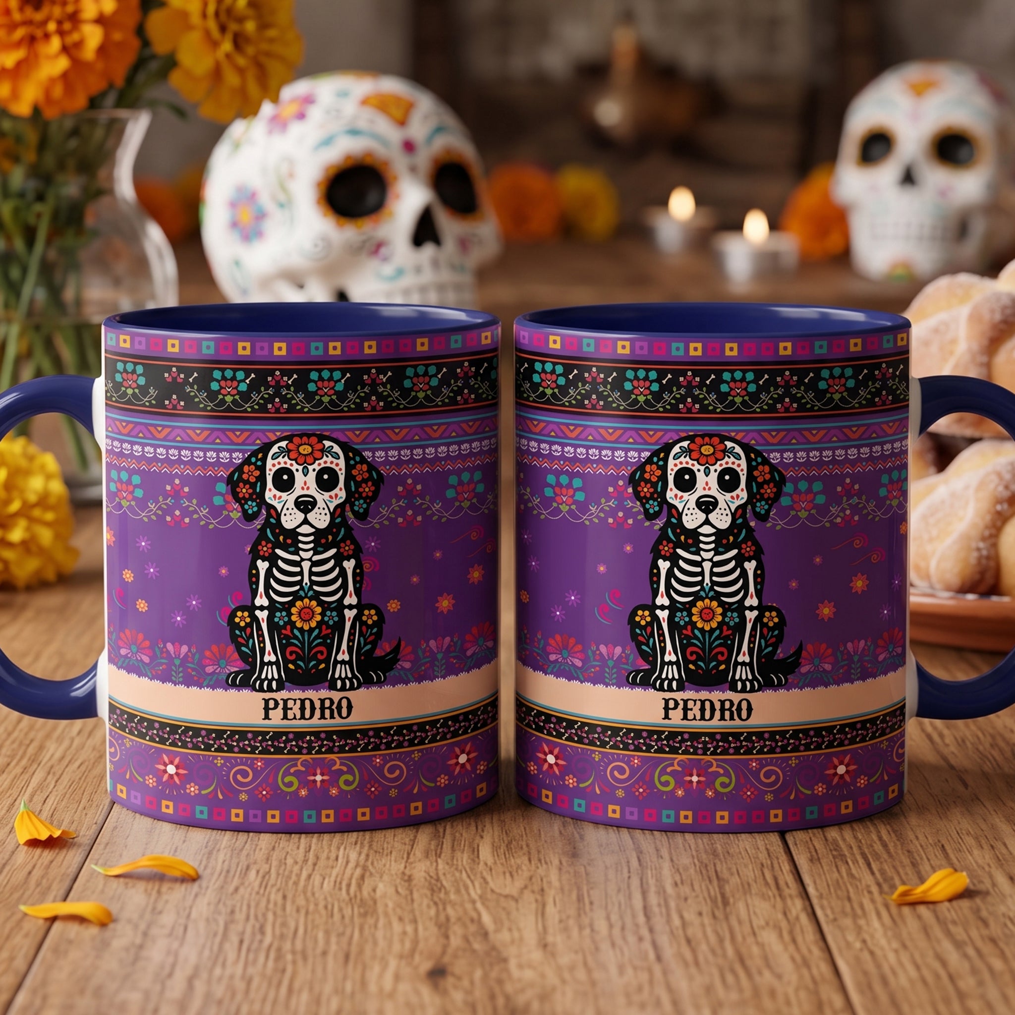 Day Of The Dead Dog Cat Pet Hispanic Mexican Flowers - Personalized Mug 4
