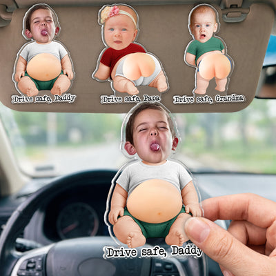 Drive Safe, Daddy Mommy Papa Nana - 3D Cute Squishy Kid & Baby - Personalized Car Visor Clip
