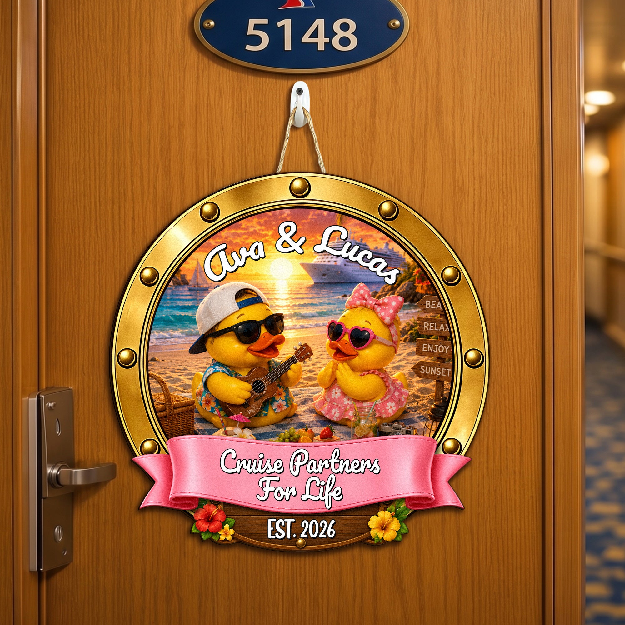 Duck Couples Cruise Door Signs Stateroom Decor Cruising Couple Vacation, Honey Moon - Personalized Wood Sign 1