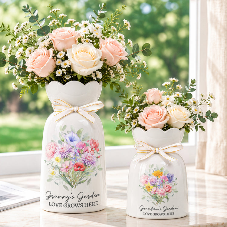 Family Birth Flower Bouquet Flowers Gift For Mom, Grandma, Family - Personalized Vase 2