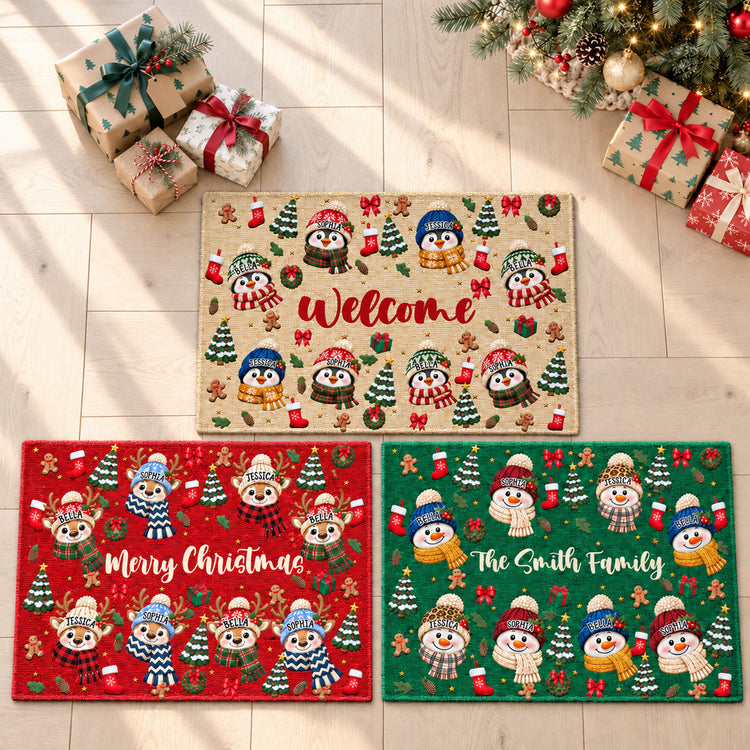 Family Christmas Snowman, Penguin, Reindeer Theme Decoration - Personalized Doormat 1