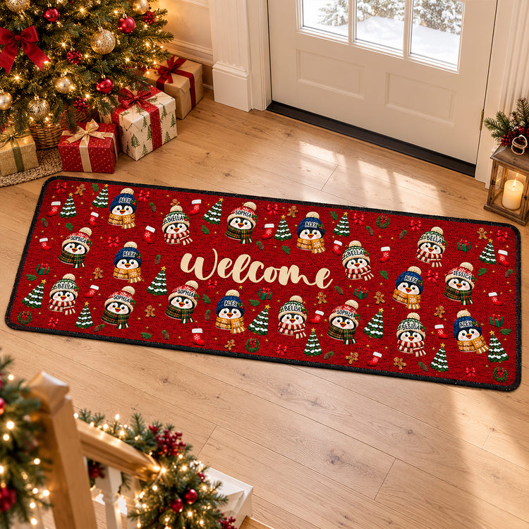 Family Christmas Snowman, Penguin, Reindeer Theme Decoration - Personalized Runner Rug 1