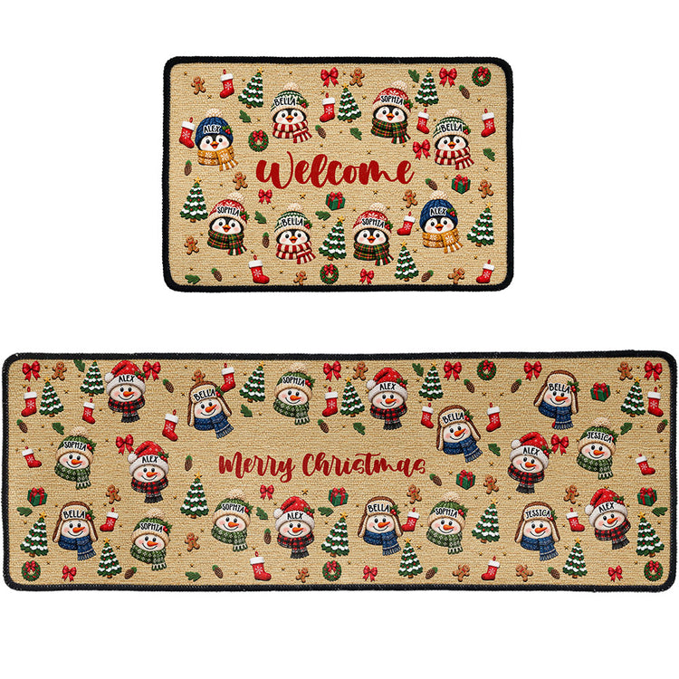 Family Christmas Snowman, Penguin, Reindeer Theme Decoration - Personalized Runner Rug 2
