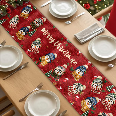 Family Christmas Snowman, Penguin, Reindeer Theme Decoration - Personalized Table Runner