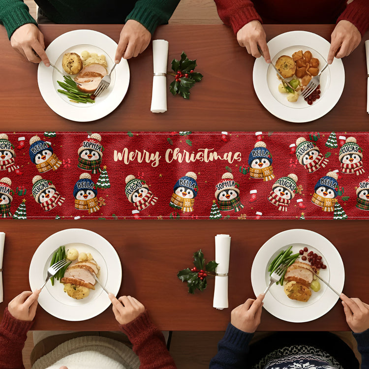 Family Christmas Snowman, Penguin, Reindeer Theme Decoration - Personalized Table Runner 4