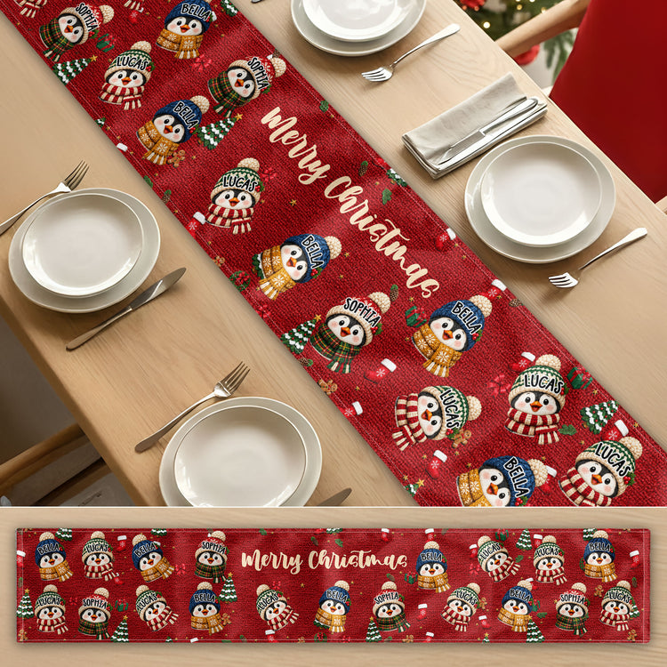 Family Christmas Snowman, Penguin, Reindeer Theme Decoration - Personalized Table Runner 5