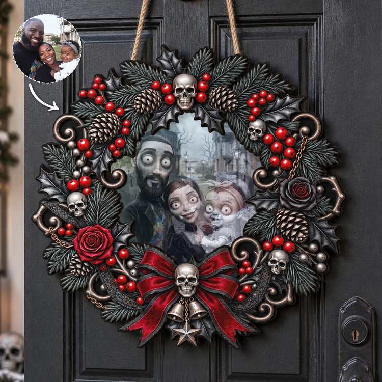 Family Gothic Christmas Clay Art Style - Personalized Wood Sign 1