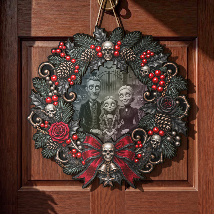 Family Gothic Christmas Clay Art Style - Personalized Wood Sign 7