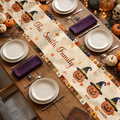 Family Pumpkin Halloween Patchwork Pattern Print - Personalized Table Runner