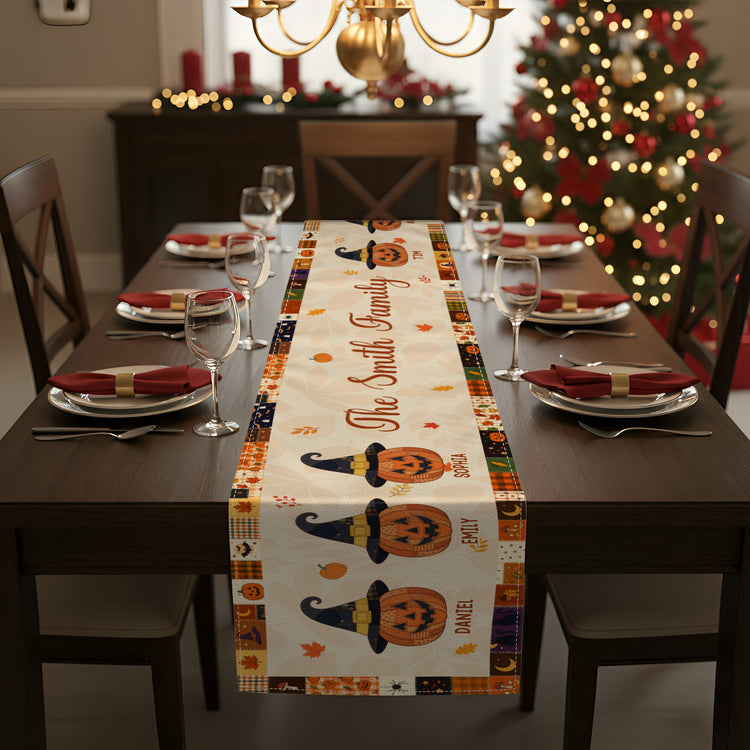 Family Pumpkin Halloween Patchwork Pattern Print - Personalized Table Runner 3