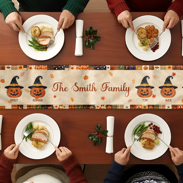 Family Pumpkin Halloween Patchwork Pattern Print - Personalized Table Runner 4