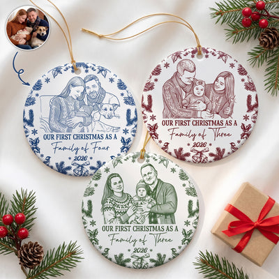 First Christmas As A Family Of Three, Four, Five Custom Photo Sketch Art - Personalized Ornament