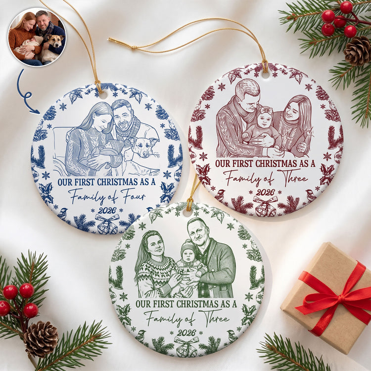 First Christmas As A Family Of Three, Four, Five Custom Photo Sketch Art - Personalized Ornament 1