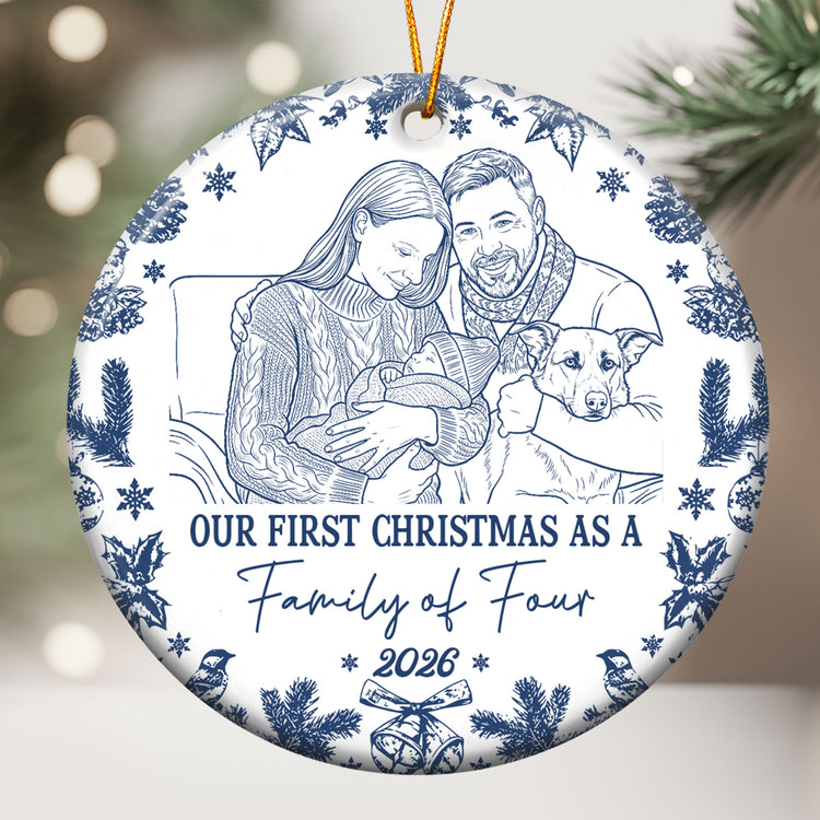 First Christmas As A Family Of Three, Four, Five Custom Photo Sketch Art - Personalized Ornament 2