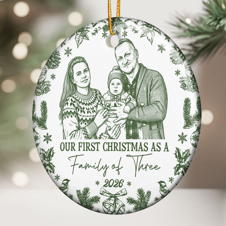 First Christmas As A Family Of Three, Four, Five Custom Photo Sketch Art - Personalized Ornament 3