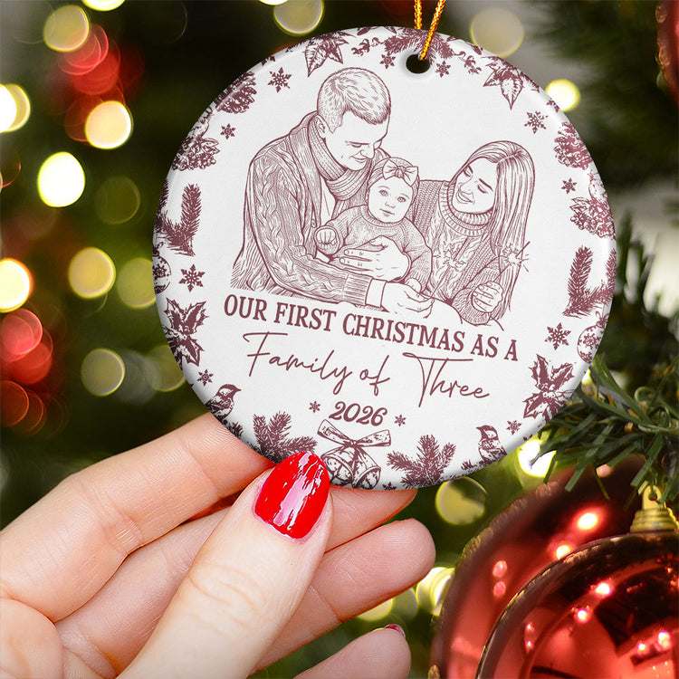 First Christmas As A Family Of Three, Four, Five Custom Photo Sketch Art - Personalized Ornament 4