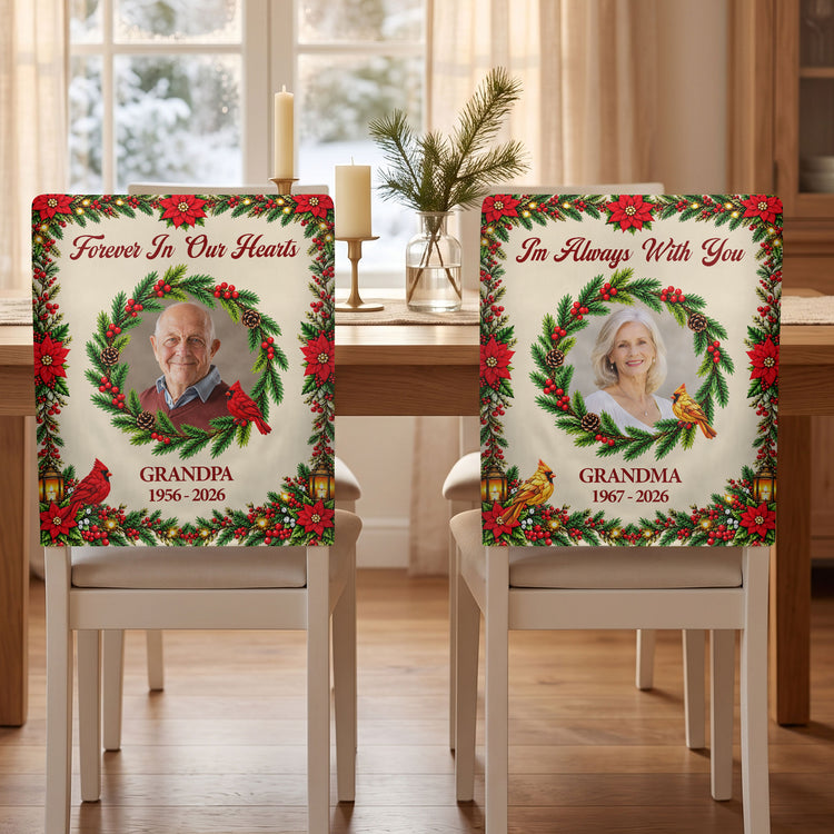 Forever In Our Hearts Christmas Custom Photo Memorial - Personalized Chair Back Cover 1