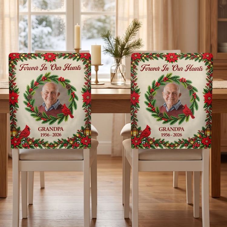 Forever In Our Hearts Christmas Custom Photo Memorial - Personalized Chair Back Cover 2