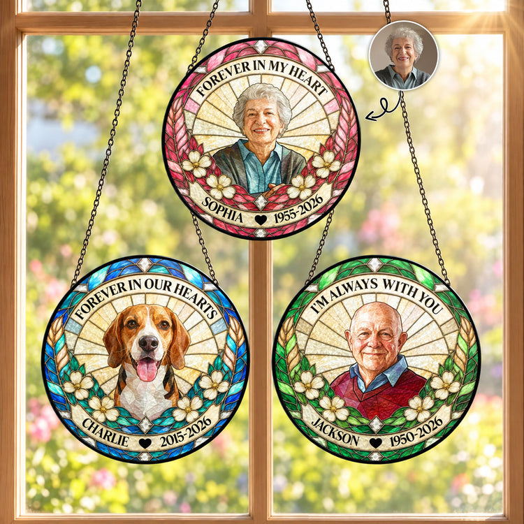 Forever In Our Hearts Stained Glass Photo Art Memorial - Personalized Window Hanging Suncatcher 1