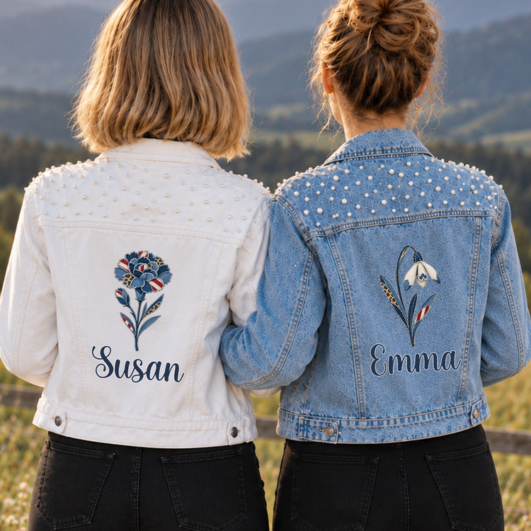 Girl Group Gifts For Friends Custom Name & Birth Flower - Personalized Denim Jacket 1