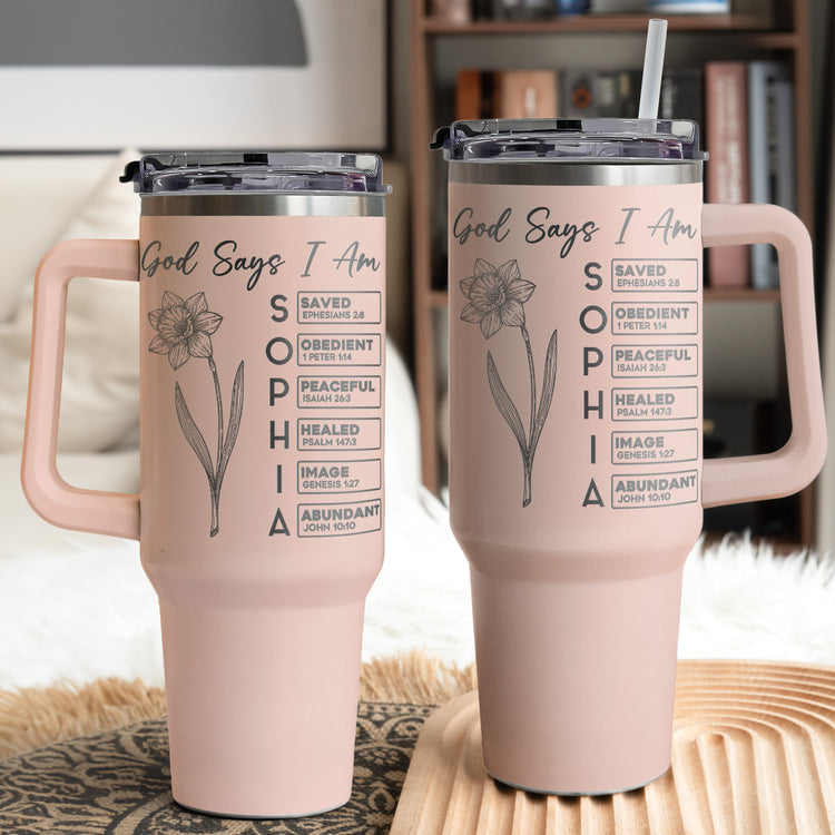 God Says I Am - Custom Birth Flower & Name In Bible Verses Engraved - Personalized 40oz Tumbler 2