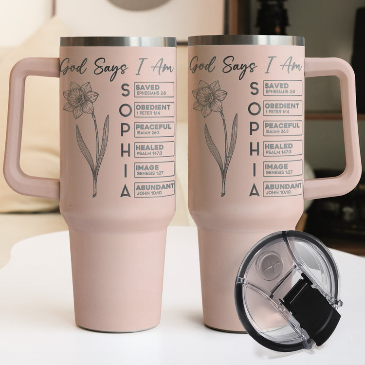 God Says I Am - Custom Birth Flower & Name In Bible Verses Engraved - Personalized 40oz Tumbler 4