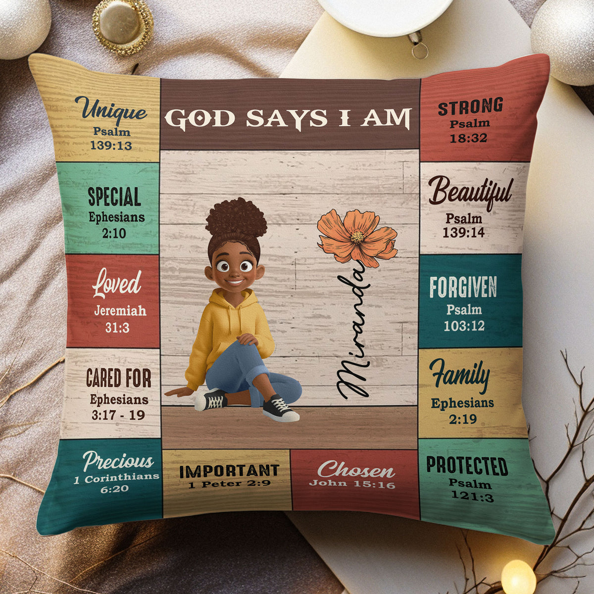 God Says I Am Custom Birth Flower, Name & Character Bible Verses - Personalized Pillow 1