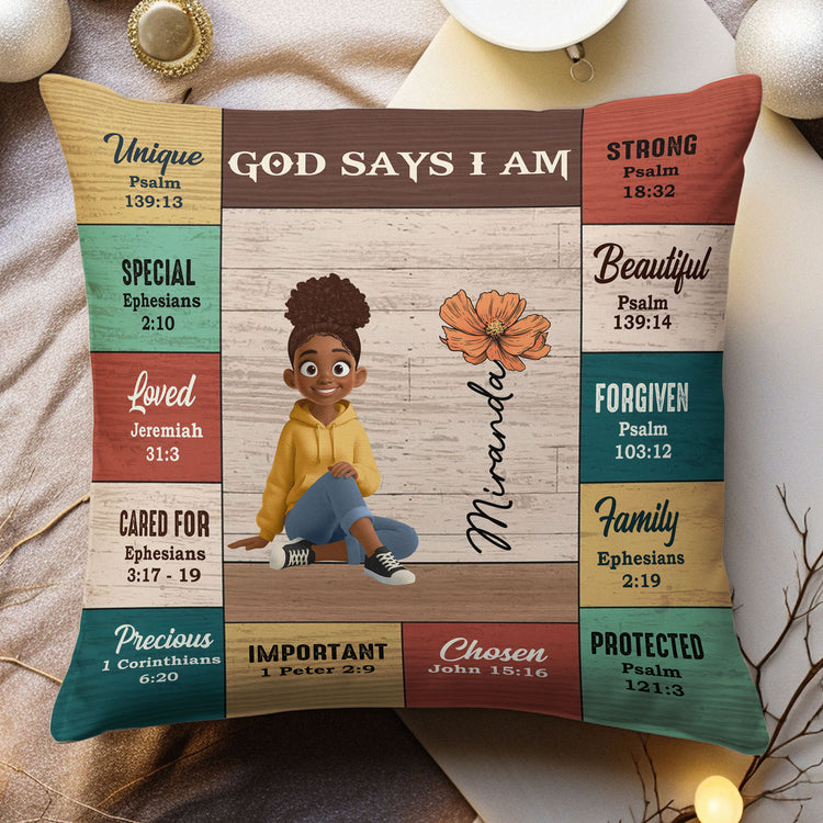 God Says I Am Custom Birth Flower, Name & Character Bible Verses - Personalized Pillow 1