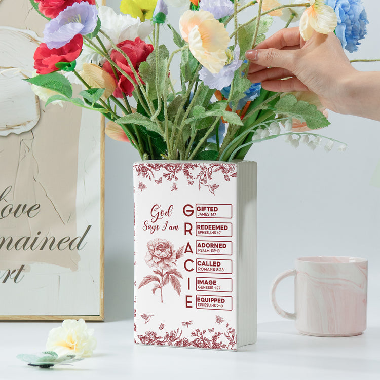 God Says I Am Custom Name Bible Verse Toile De Jouy Style - Personalized Vase 3