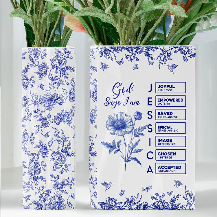 God Says I Am Custom Name Bible Verse Toile De Jouy Style - Personalized Vase 4