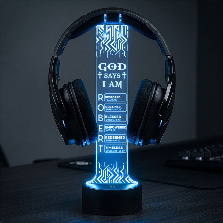 God Says I Am Name In Bible Verse Gifts For Men, Husband, Son - Personalized Headphone Stand 1