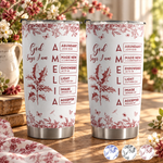 God Says I Am Name Letter In Bible Birth Flower Toile De Jouy Style New Version - Personalized Tumbler Cup 1