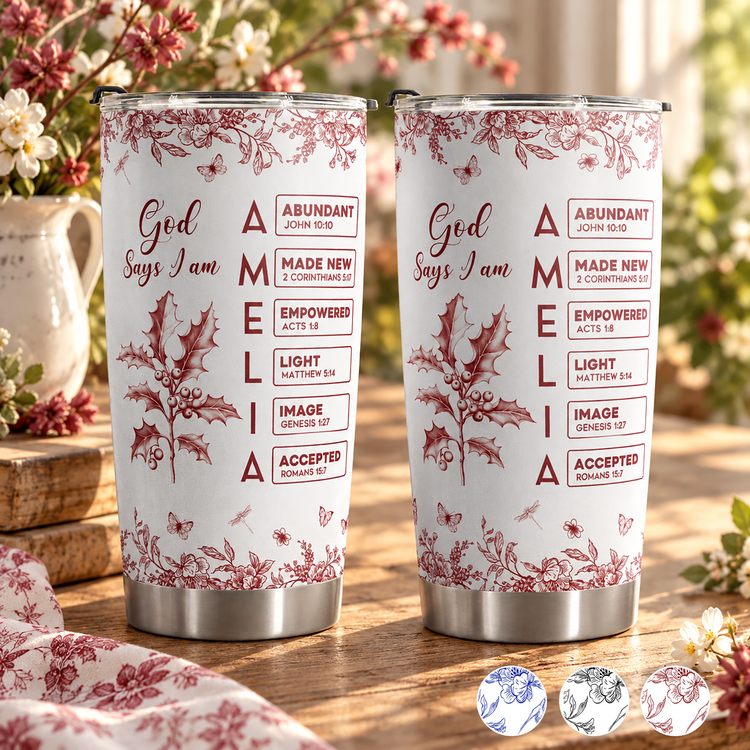 God Says I Am Name Letter In Bible Birth Flower Toile De Jouy Style New Version - Personalized Tumbler Cup 1