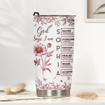 God Says I Am Name Letter In Bible Birth Flower Toile De Jouy Style New Version - Personalized Tumbler Cup 2