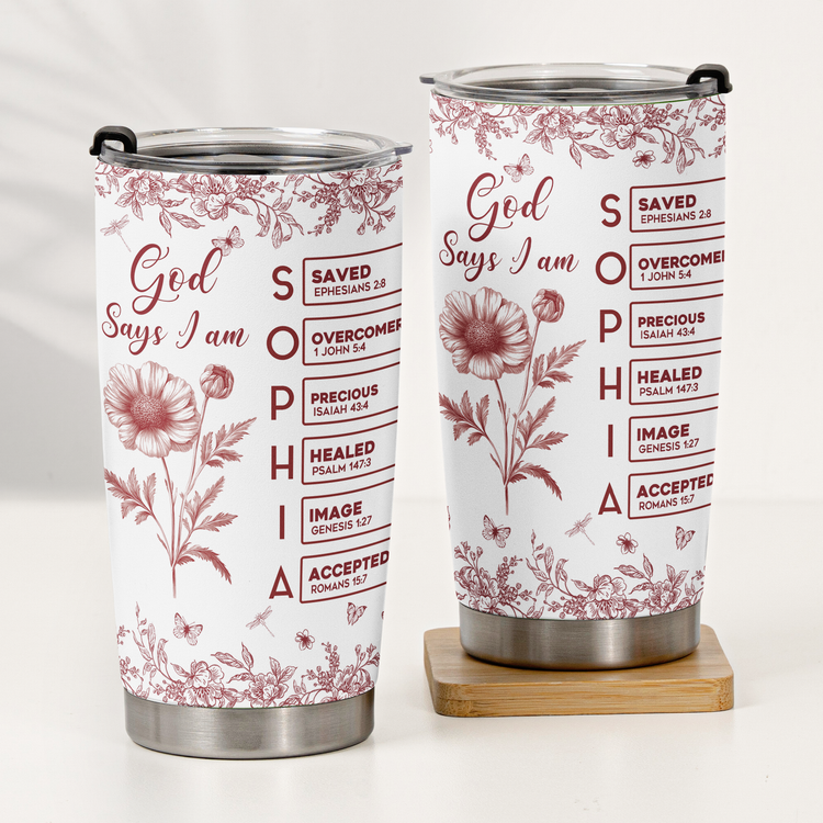 God Says I Am Name Letter In Bible Birth Flower Toile De Jouy Style New Version - Personalized Tumbler Cup 3