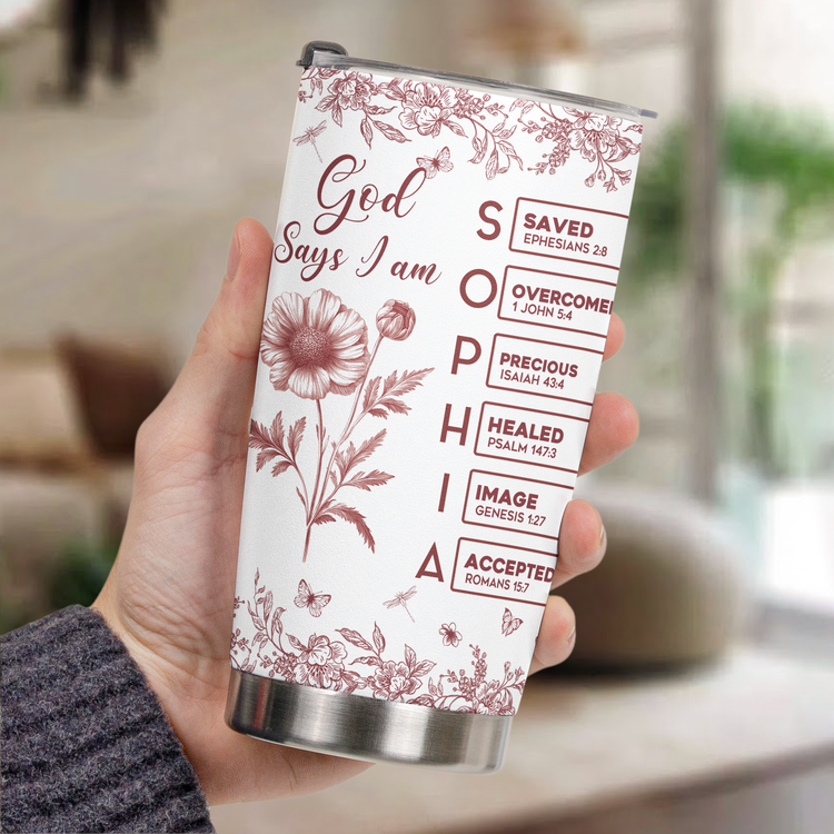 God Says I Am Name Letter In Bible Birth Flower Toile De Jouy Style New Version - Personalized Tumbler Cup 4