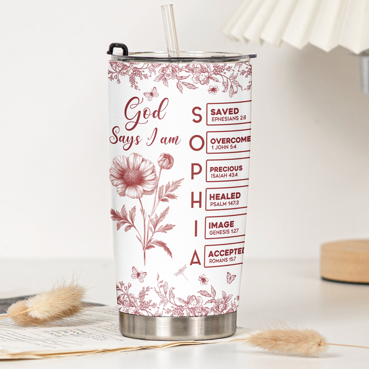 God Says I Am Name Letter In Bible Birth Flower Toile De Jouy Style New Version - Personalized Tumbler Cup 5