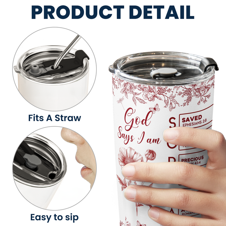 God Says I Am Name Letter In Bible Birth Flower Toile De Jouy Style New Version - Personalized Tumbler Cup 7