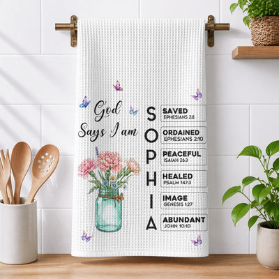 God Says You Are - Custom Birth Flower & Name In Bible Verses - Personalized Kitchen Towel