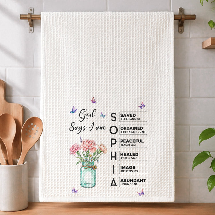 God Says You Are - Custom Birth Flower & Name In Bible Verses - Personalized Kitchen Towel 3