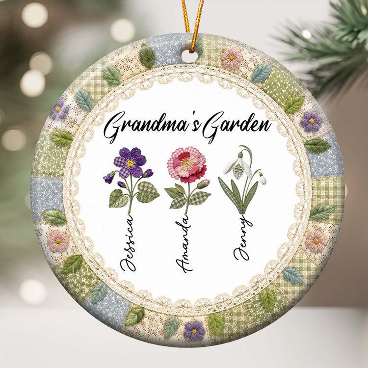Grandma's Garden Patchwork Birth Flower Print - Personalized Ornament 1